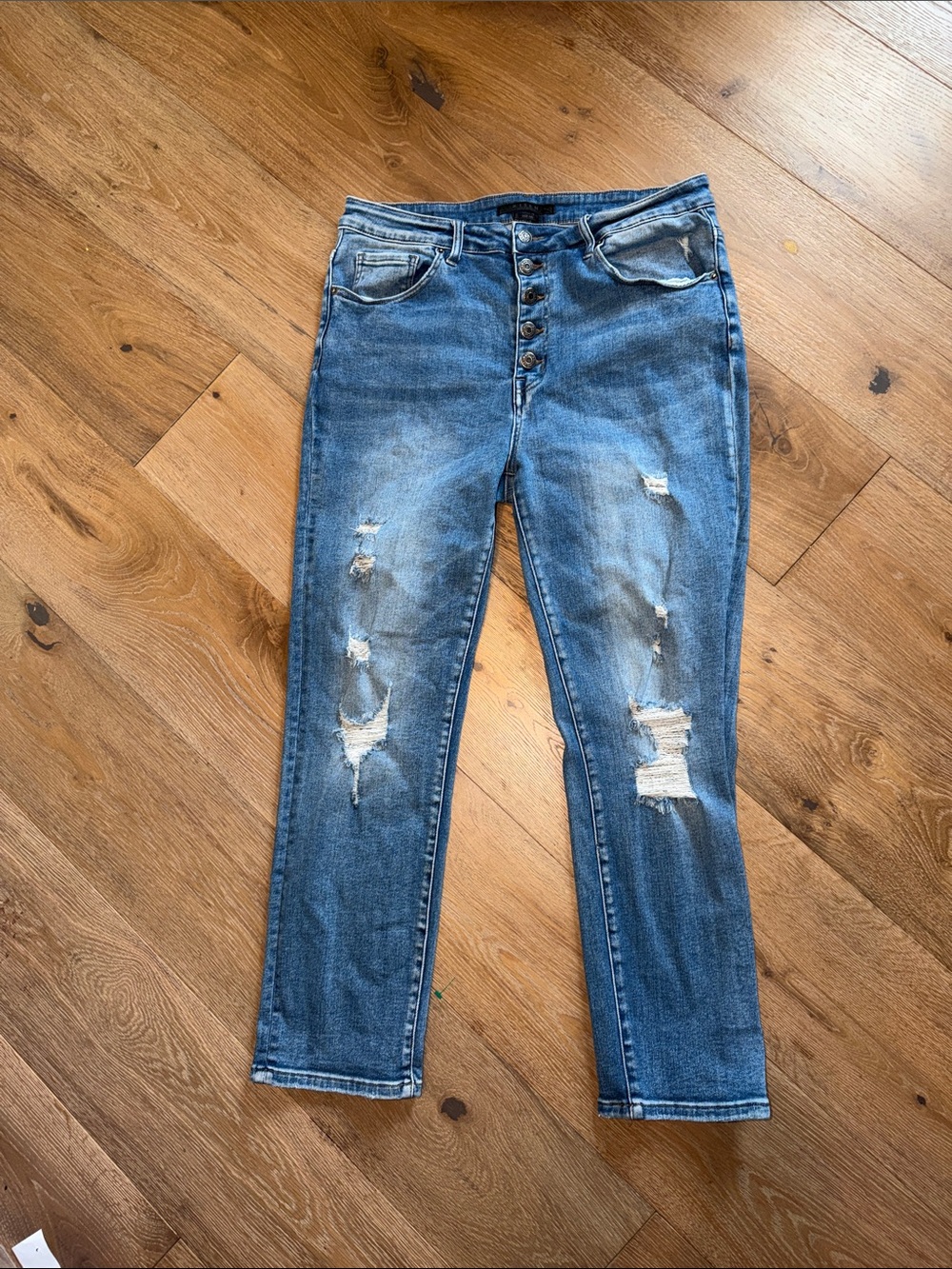 Risen Button-Fly High-Rise Distressed Jeans in Blue 1xl denim blue